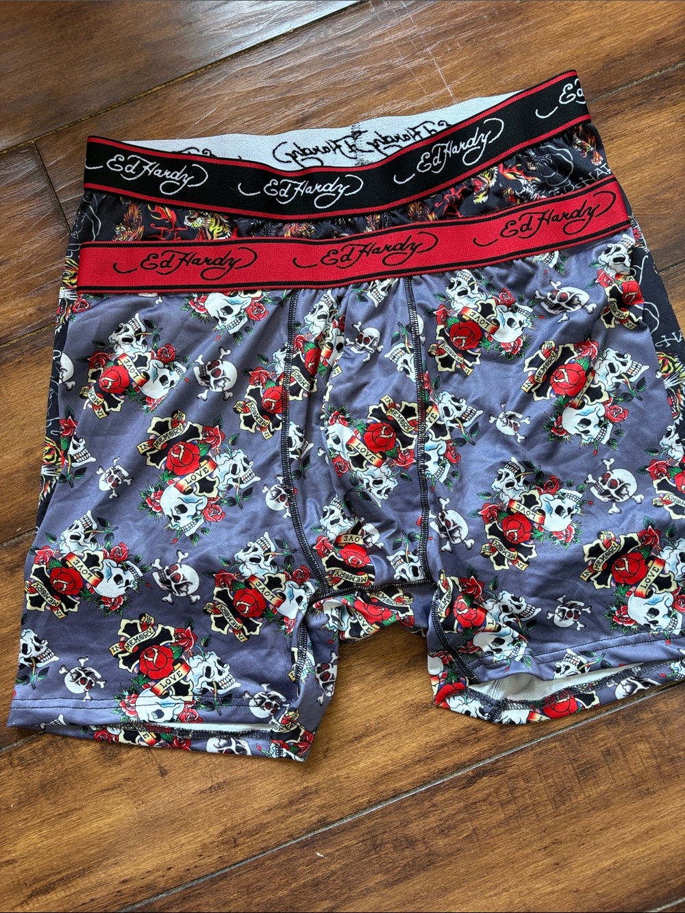 Ed Hardy Gray Boxer Briefs with Red Waistband and Skull & Rose Print